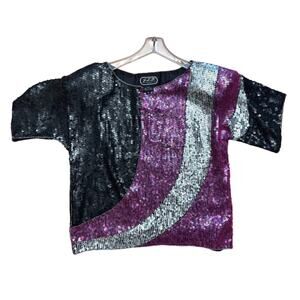 JLB Paris Hong Kong 100% Silk Fully Sequined Top 1980's Abstract color block -SM